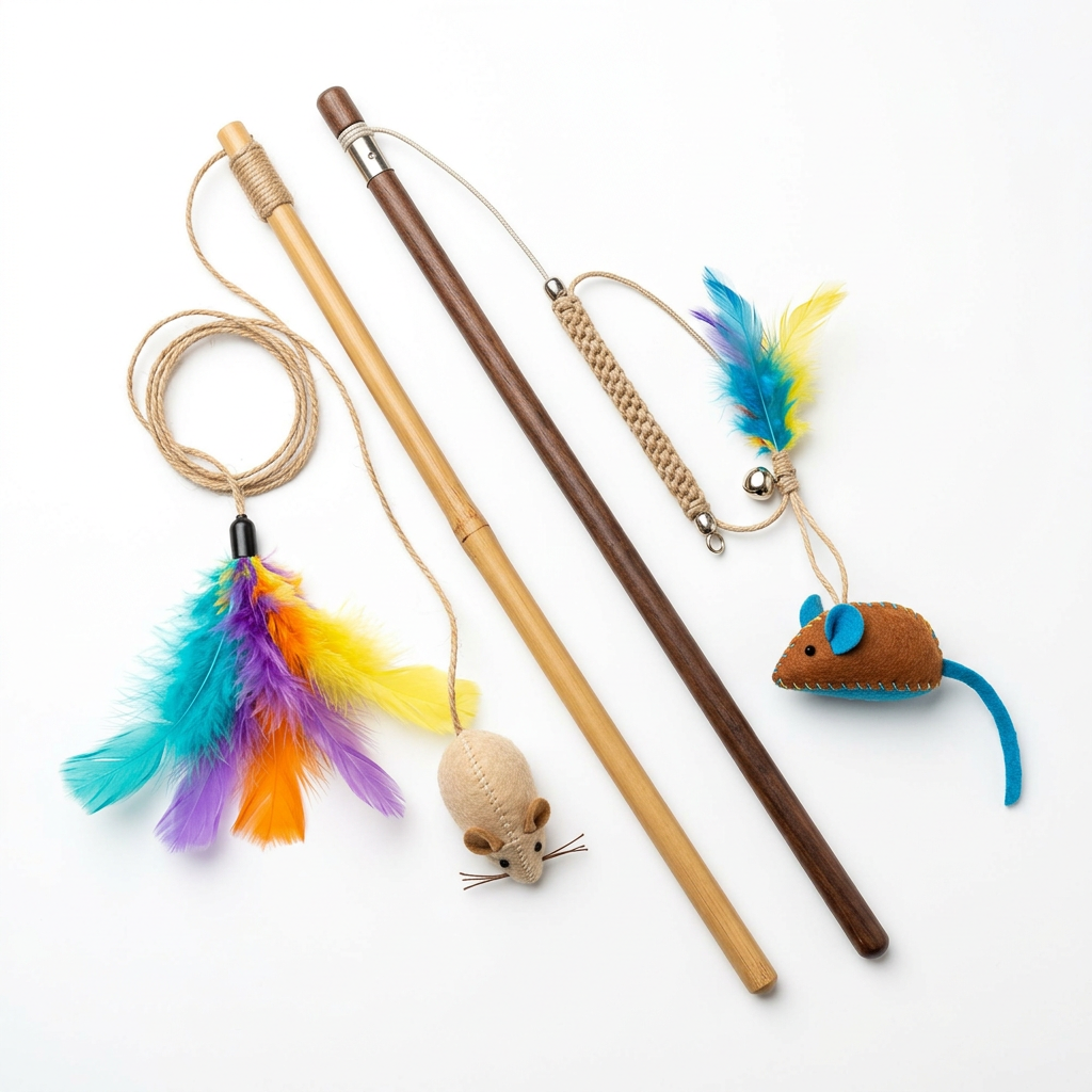 Set varita interactiva para gatos con plumas y ratones sobre fondo blanco