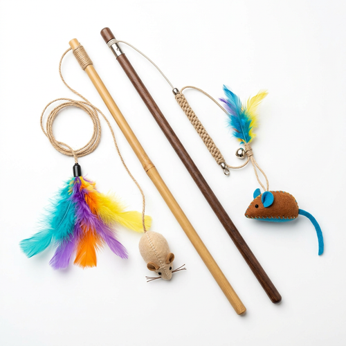 Set varita interactiva para gatos con plumas y ratones sobre fondo blanco